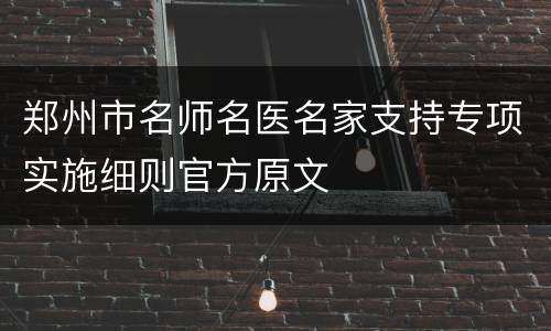 郑州市名师名医名家支持专项实施细则官方原文