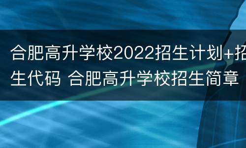 合肥高升学校2022招生计划+招生代码 合肥高升学校招生简章
